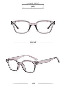 Detail view of transparent grey square frame glasses with rivet accents from two angles