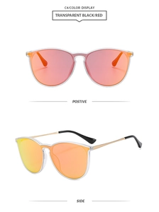 Detail of transparent frame sunglasses with red mirror lenses and gold metal temples