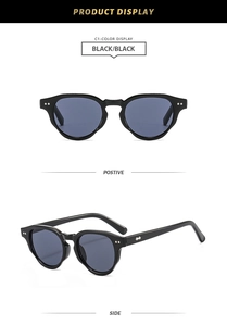 Detail of retro round sunglasses with silver wing accents and decorative metal rivets