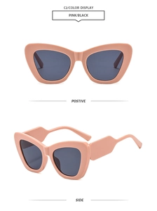 Detaillierte Vorder- und Seitenansicht der pinkfarbenen Cat-Eye-Sonnenbrille mit breitem Rahmen