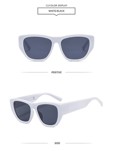 Front and side views of white chunky frame Y2K sunglasses with dark grey lenses