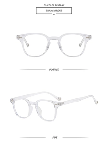 Detailansicht der transparenten quadratischen Brille mit Metallscharnieren und Bügeln