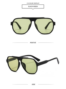 Vue avant et latérale de lunettes aviateur carrées vintage, monture noire et verres verts
