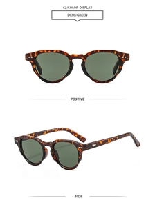 Detail view of demi frames with green lenses and silver accents on these retro sunglasses
