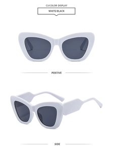 Vorder- und Seitenansicht der weißen Cat-Eye-Sonnenbrille mit dicken Rahmen und Gläsern