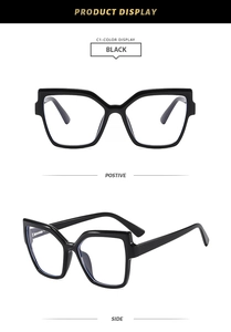 Front and side views of black geometric oversized cat-eye glasses frames in detail