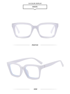 Detail view of white square thick frame glasses with silver triple metal stud accents
