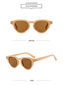 Detail view of jelly tea round frame sunglasses with metallic rivets and brown lenses