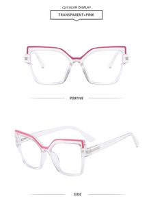 Modern cat-eye glasses frame in transparent pink, front and side views on white background