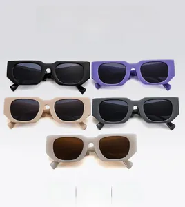 Grille détaillée de lunettes de soleil rectangulaires en noir, violet, beige et gris