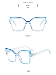 Detail view of stylish blue cat-eye glasses frames with a layered transparent finish