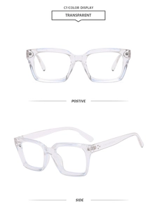 Close-up of transparent square glasses frame showing modern design and clear bridge detail