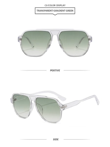 Vue de face et de profil de la monture carrée transparente avec verres dégradés verts