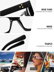 Detail view of square black glasses with gold rivets and daily lifestyle usage scenarios