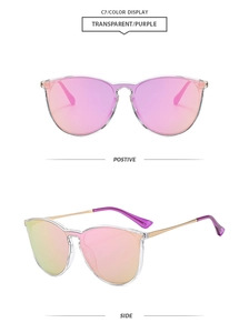 Detail of fashion cat-eye sunglasses with gradient purple lenses and gold metal temples