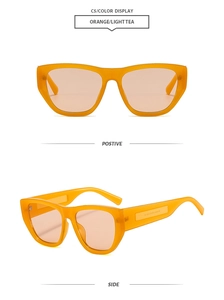 Detailed front and side views of chunky orange Y2K sunglasses with light tea lenses