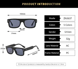 Detailed size chart for unisex square sunglasses showing dimensions and technical specs