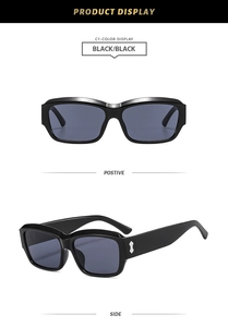 Vues de face et de côté de lunettes de soleil carrées noires avec rivets argentés