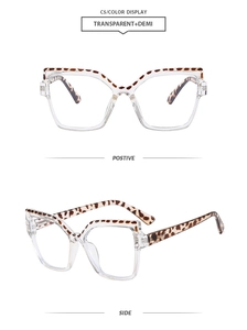 Detailed front and side views of transparent cat-eye glasses with leopard temples