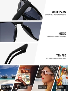 Détail de lunettes de soleil carrées avec charnières métalliques et plaquettes de nez