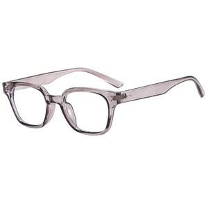 Retro translucent grey square frame glasses with anti-blue light clear lenses and rivets