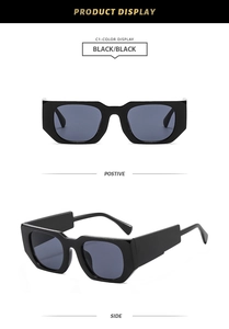 Détails de lunettes de soleil carrées noires avec branches larges et monture rétro