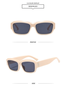 Vue détaillée des lunettes de soleil beiges à monture carrée et accents en losange