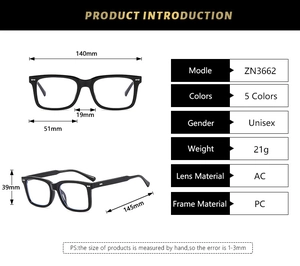 Detailed size specifications for square frame glasses with dimensions and model ZN3662 details