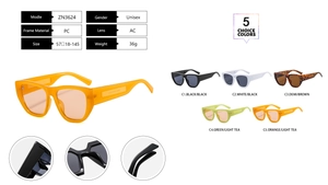 Detailed spec sheet for ZN3624 Y2K sunglasses showing dimensions and color options