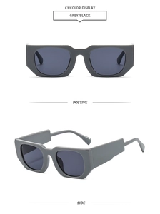 Détail de lunettes de soleil carrées grises avec branches épaisses en vues de face et de profil