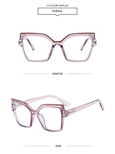 Detail view of purple cat eye glasses frame showing front and side profile design