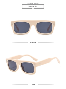Front and side view of beige square sunglasses with silver diamond studs and dark lenses