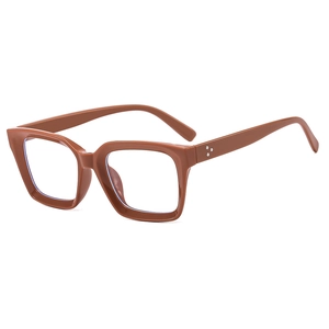 Retro brown square glasses frame with triple metal rivets and anti-blue light lenses