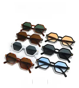 Flat lay of retro polygonal sunglasses in multiple colors and tinted lenses