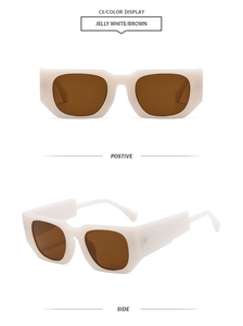 Vues détaillées avant et latérales de lunettes de soleil carrées rétro en blanc et marron