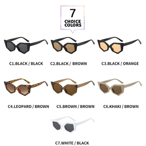 Showcase of seven geometric cat eye sunglasses in various frame colors and lens tints