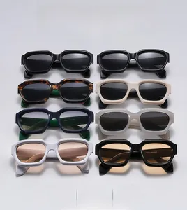 Detailed grid display of thick square polygon sunglasses in eight diverse color options