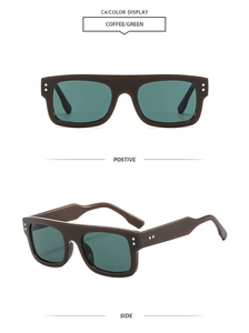 Detailed view of coffee rectangle sunglasses with green lenses and metal diamond rivets