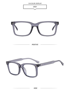 Detail view of grey translucent square frame glasses with metal hinges and rivet accents