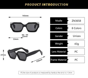 Detailed size chart for geometric sunglasses with frame measurements and PC material specs