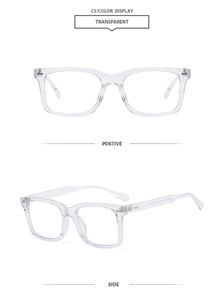Detail view of transparent square glasses frame with C5 color display and metal studs