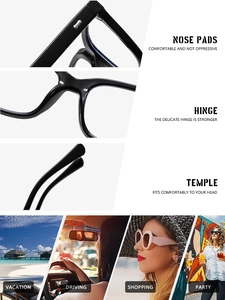Detail of square frame glasses showing reinforced metal hinges and integrated nose pads