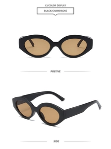 Front and side view of retro cat eye sunglasses with black frames and champagne lenses