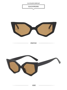 Detailed views of geometric cat eye sunglasses in black frame with brown lenses C2
