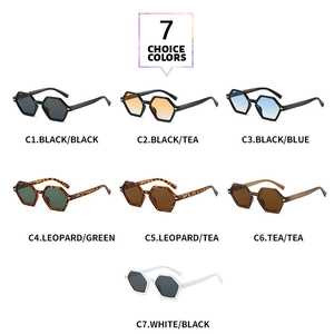 Grid view showing seven colors of retro polygonal sunglasses with detailed frame textures