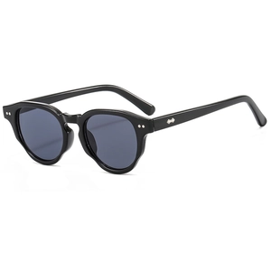 Retro black round frame sunglasses with silver wing metal detail and dark grey lenses