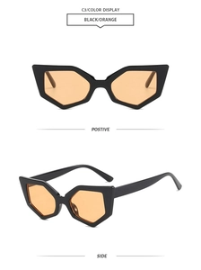 Modern geometric cat-eye sunglasses featuring black frames and translucent orange lenses