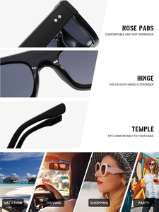 Detail view of reinforced hinges, nose pads, and diverse lifestyle wear scenes for sunglasses