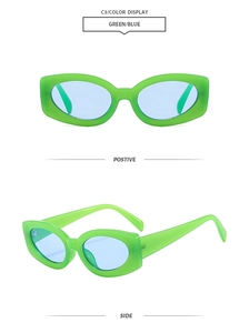 Vue détaillée de lunettes de soleil rectangulaires à monture verte et verres bleus