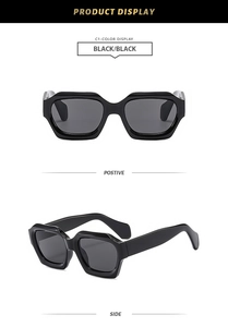 Front and side view of geometric hexagonal sunglasses in glossy black with dark lenses